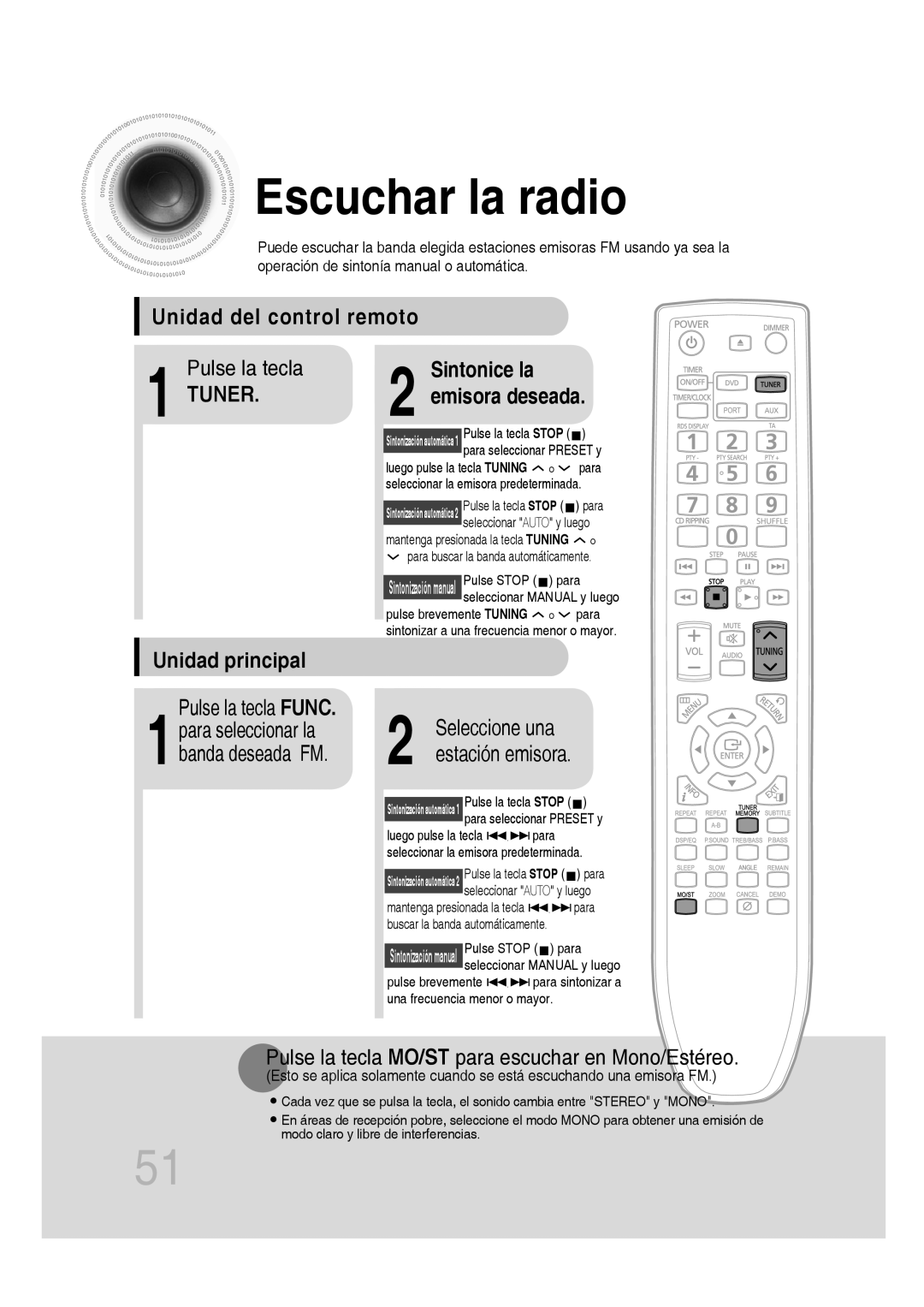 Samsung MM-D430D/ZF, MM-D430D/ZX manual Escuchar la radio, Unidad del control remoto, Tuner, Unidad principal 