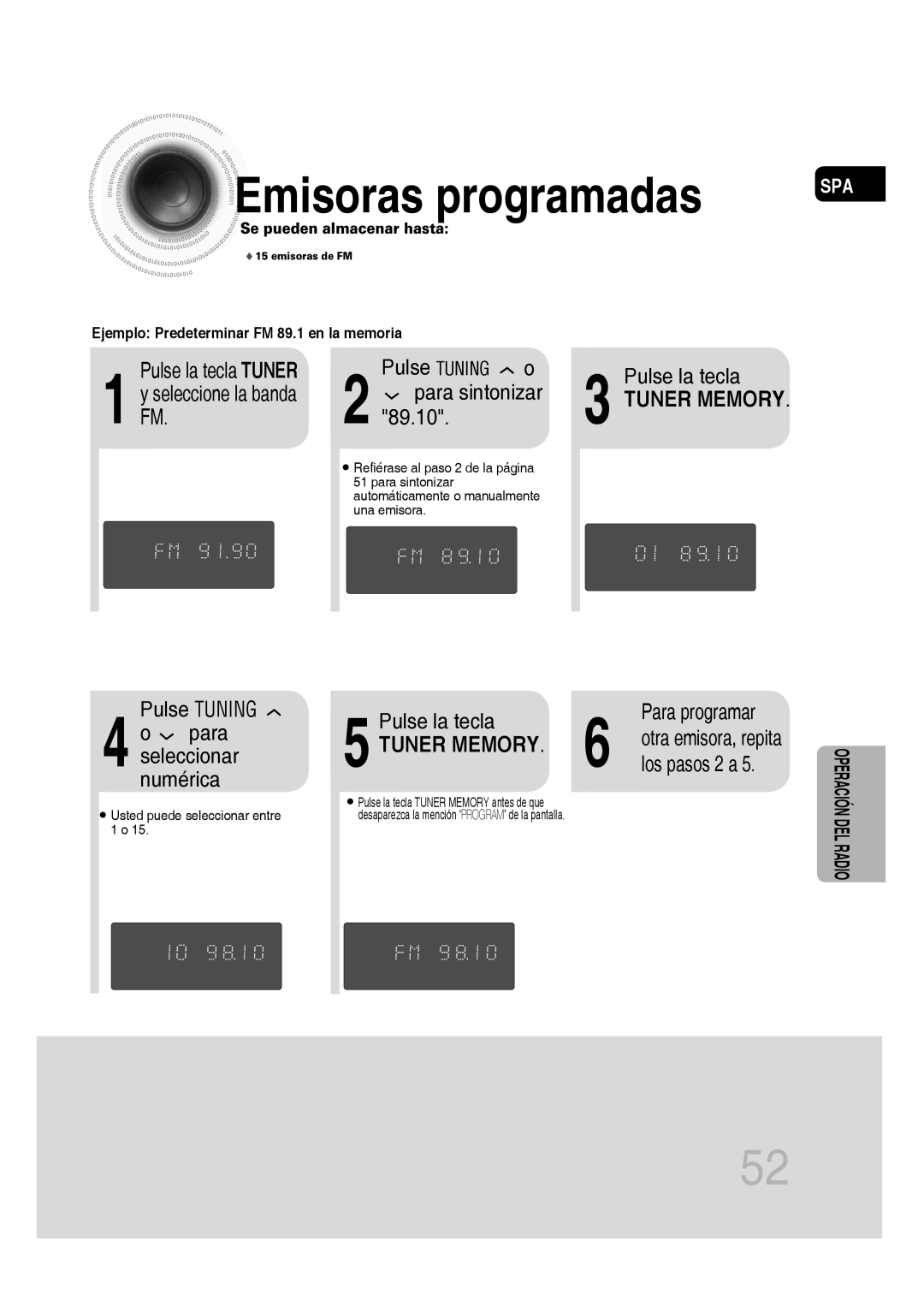 Samsung MM-D430D/ZX, MM-D430D/ZF manual Emisoras programadas, 89.10, Pulse Tuning 4 o para, Tuner Memory 