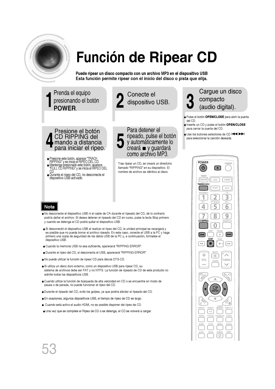 Samsung MM-D430D/ZF, MM-D430D/ZX manual Función de Ripear CD, Power, Para detener el, Cargue un disco 