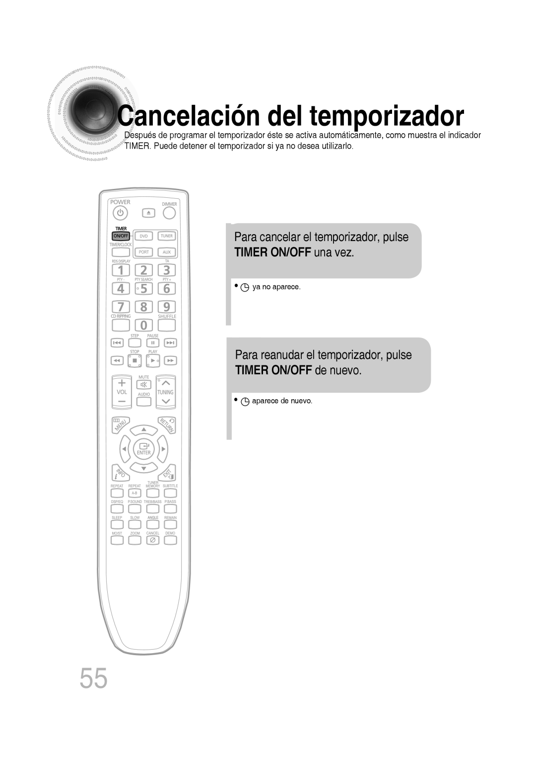 Samsung MM-D430D/ZF manual Para cancelar el temporizador, pulse, Timer ON/OFF una vez, Para reanudar el temporizador, pulse 