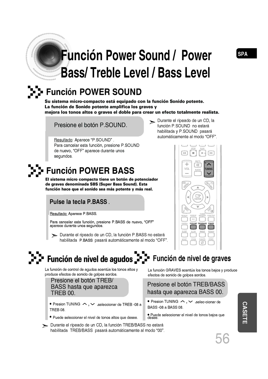 Samsung MM-D430D/ZX, MM-D430D/ZF Función Power Sound, Función Power Bass, Presione el botón P.SOUND, Pulse la tecla P.BASS 