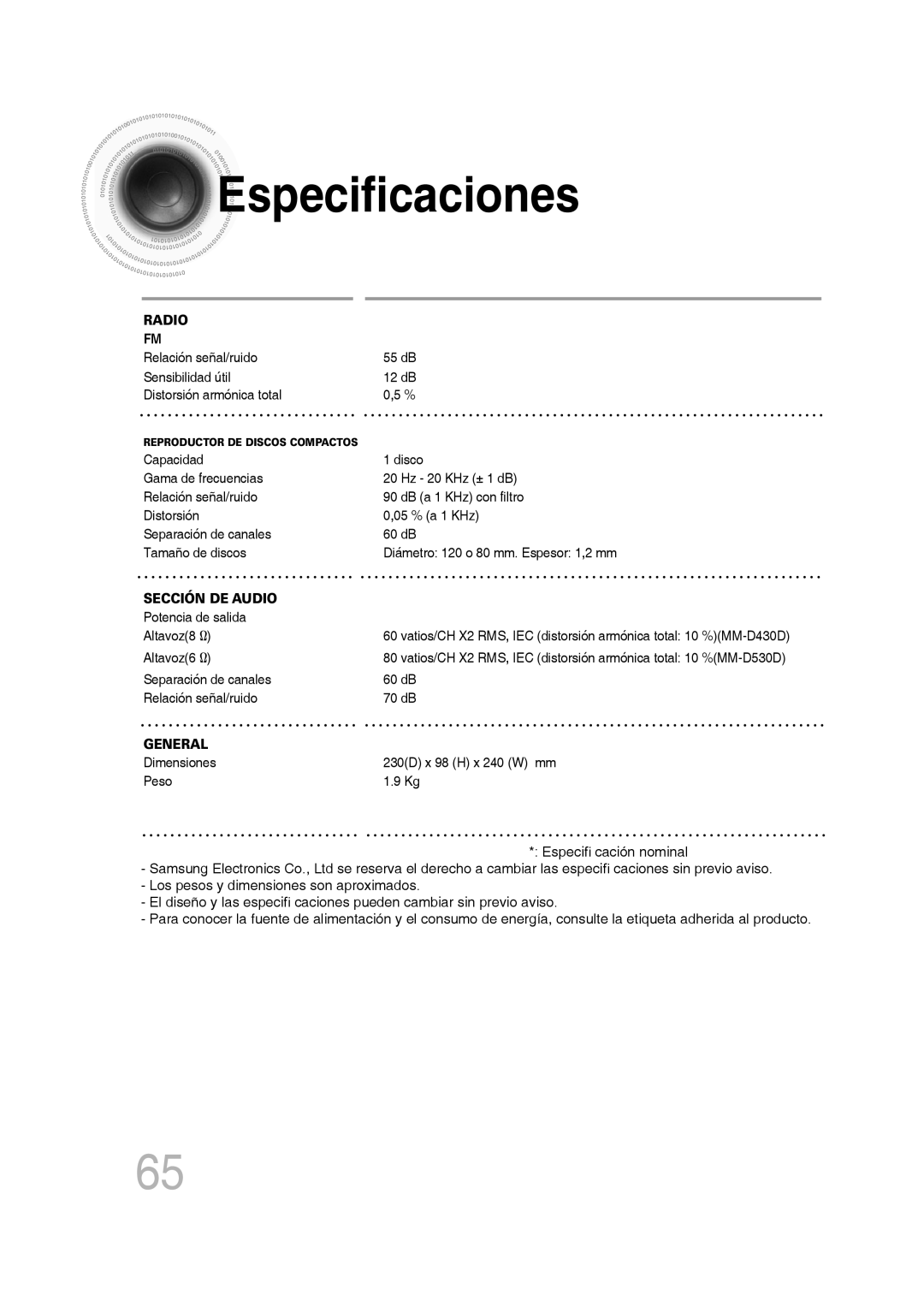 Samsung MM-D430D/ZF, MM-D430D/ZX manual Especificaciones, Radio 