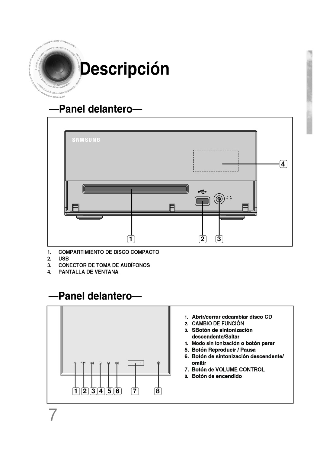 Samsung MM-D430D/ZF, MM-D430D/ZX manual Descripción, Panel delantero 