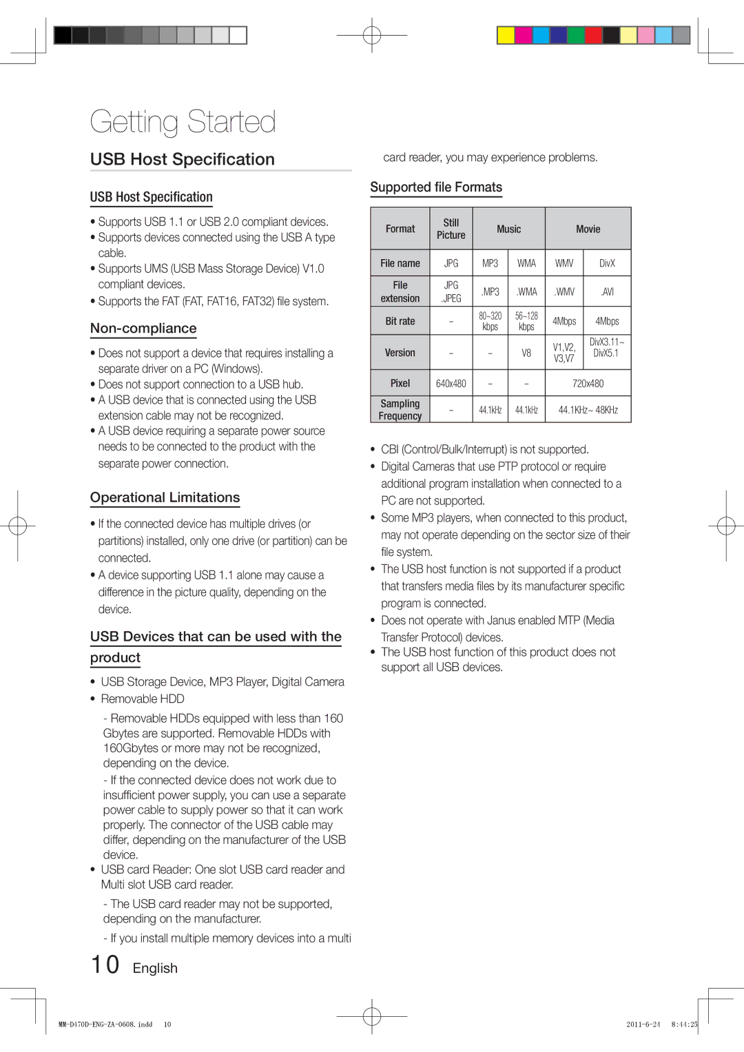 Samsung MM-D470D user manual USB Host Speciﬁcation 