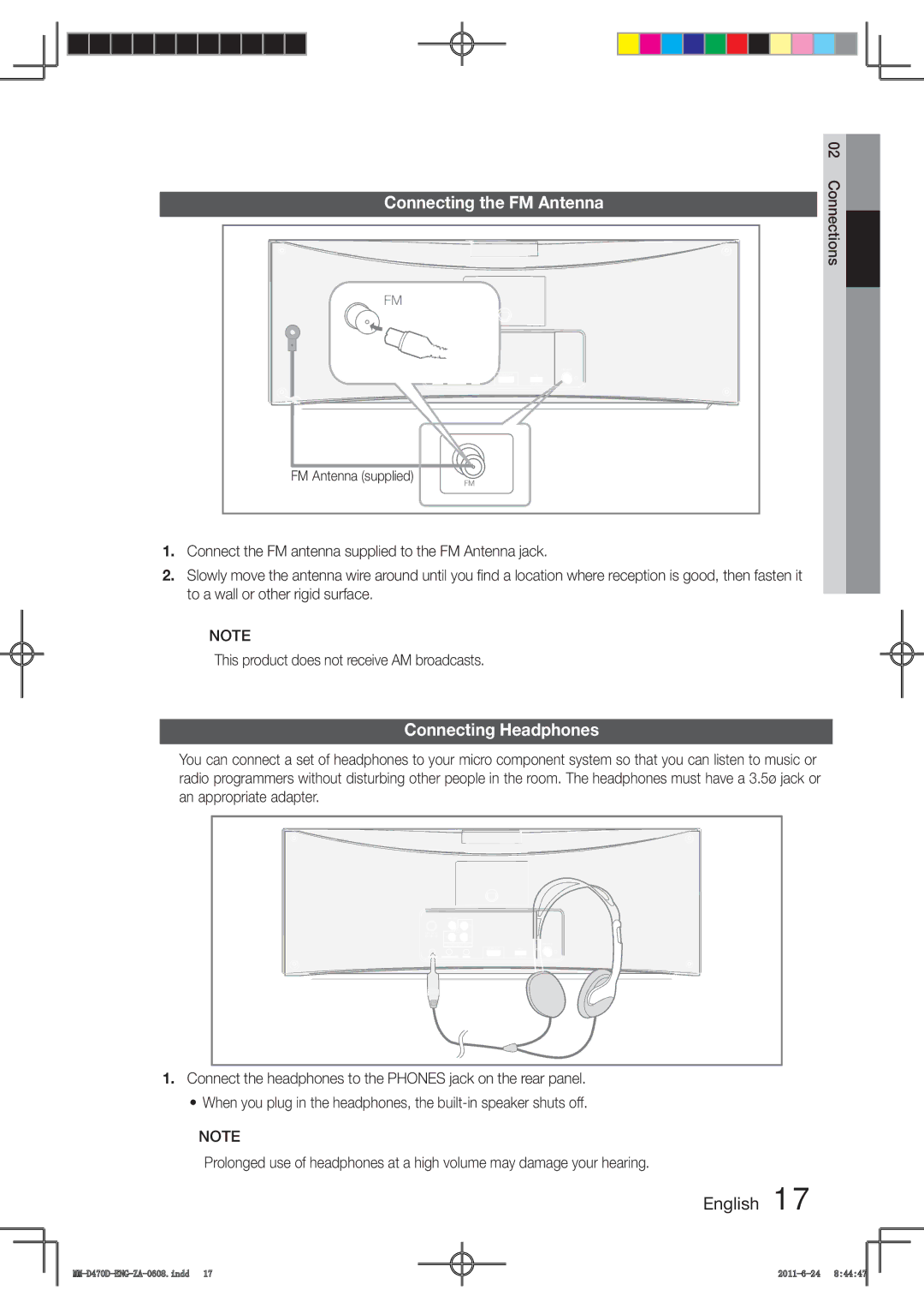 Samsung MM-D470D user manual Connecting the FM Antenna, Connecting Headphones, FM Antenna supplied 