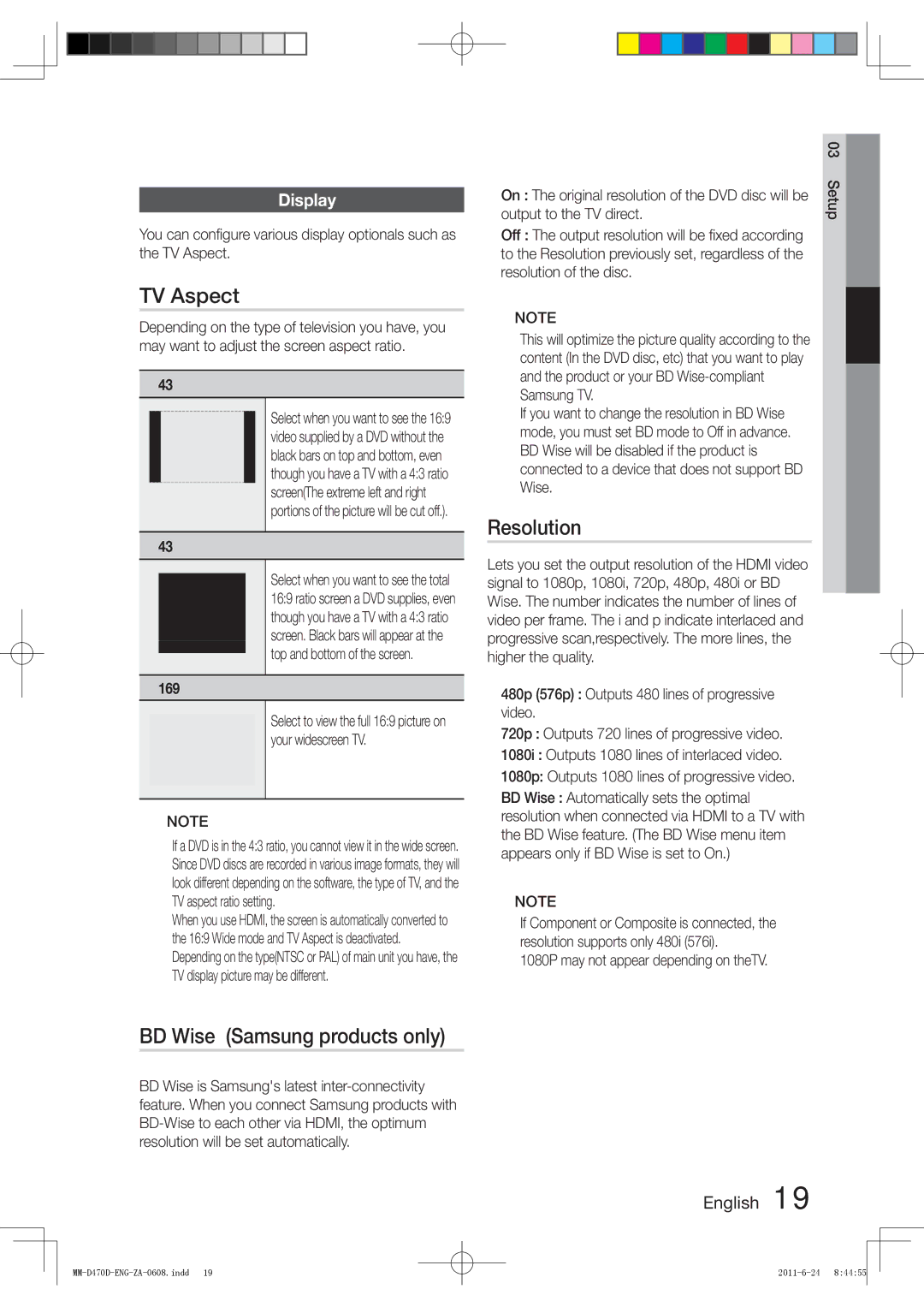 Samsung MM-D470D user manual TV Aspect, Resolution, BD Wise Samsung products only, Display 