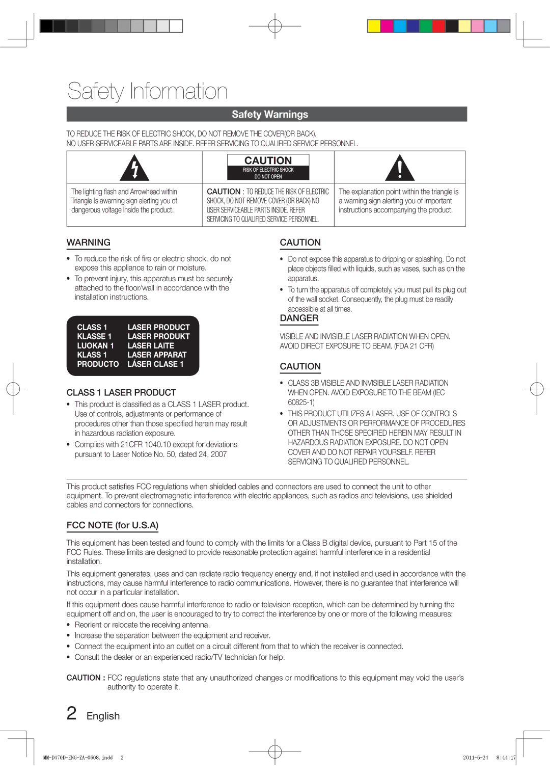 Samsung MM-D470D user manual Safety Information, Safety Warnings, English, FCC Note for U.S.A 