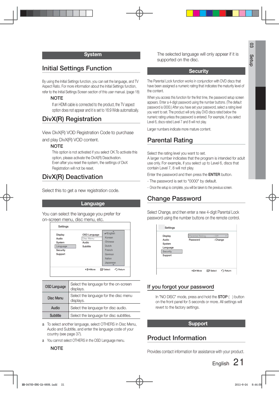 Samsung MM-D470D Initial Settings Function, DivXR Registration, DivXR Deactivation, Parental Rating, Change Password 