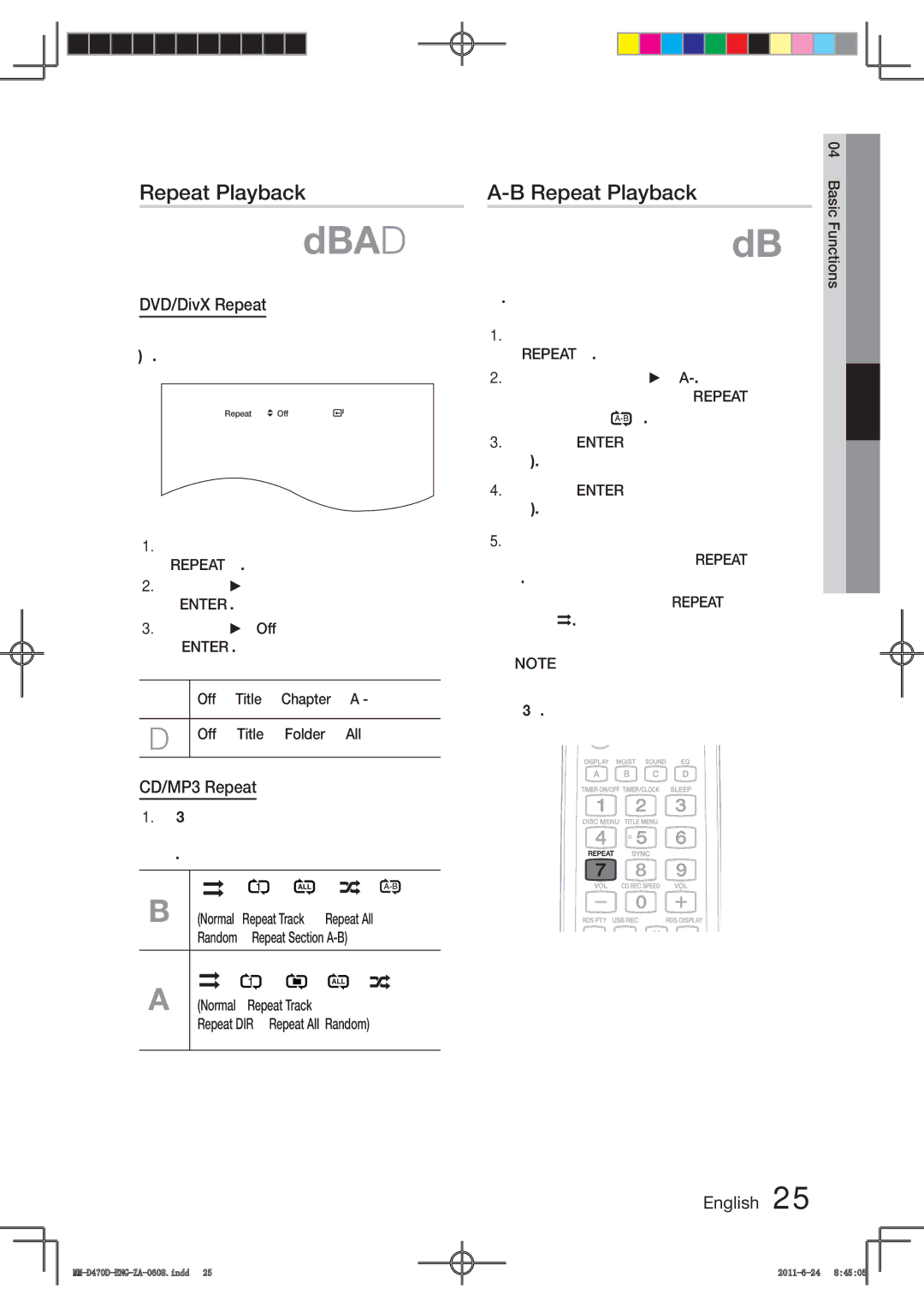 Samsung MM-D470D user manual Repeat Playback, DVD/DivX Repeat, CD/MP3 Repeat 