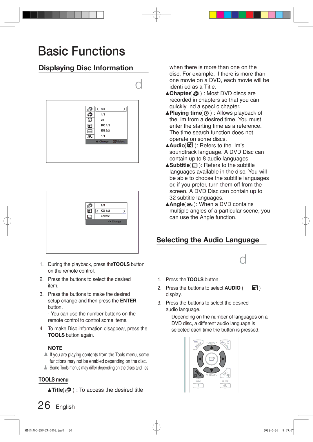 Samsung MM-D470D user manual Displaying Disc Information, Selecting the Audio Language, Tools menu 