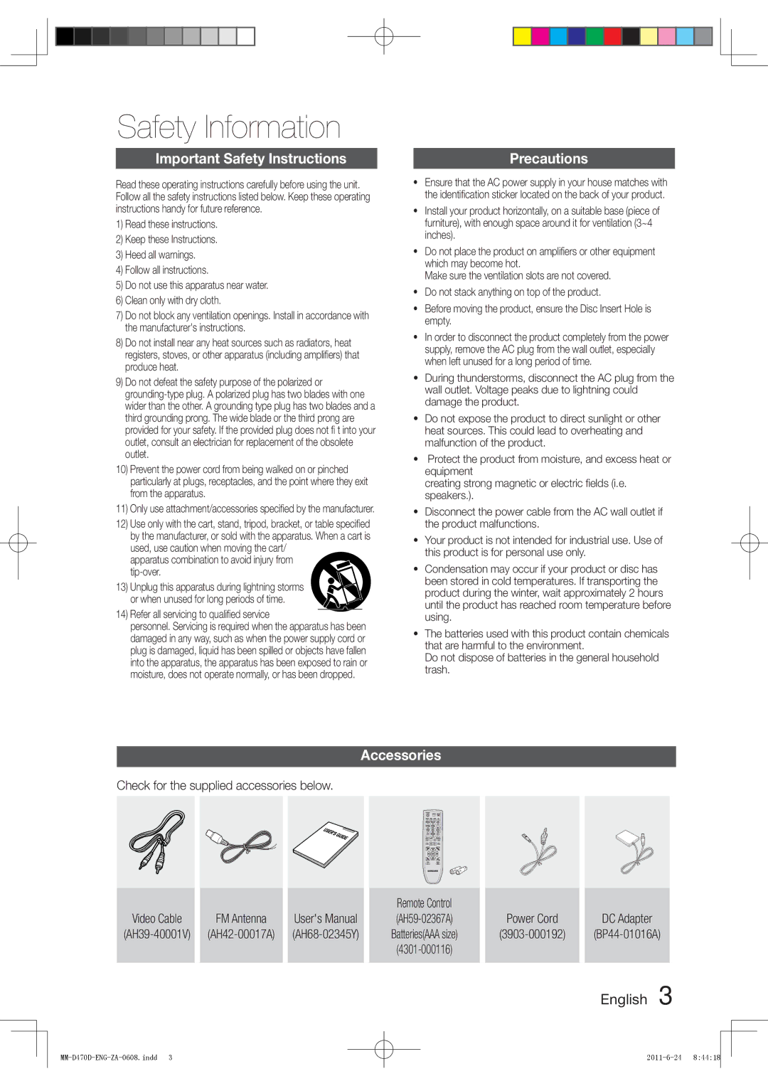 Samsung MM-D470D user manual Important Safety Instructions, Precautions, Accessories 