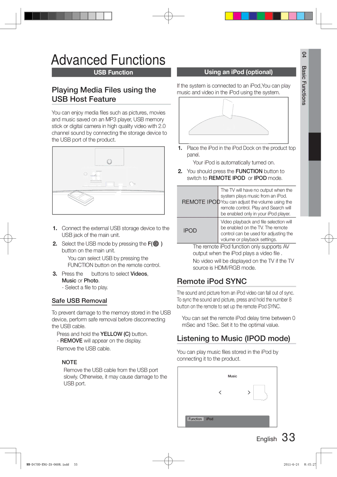 Samsung MM-D470D user manual Advanced Functions, Playing Media Files using the USB Host Feature, Remote iPod Sync 