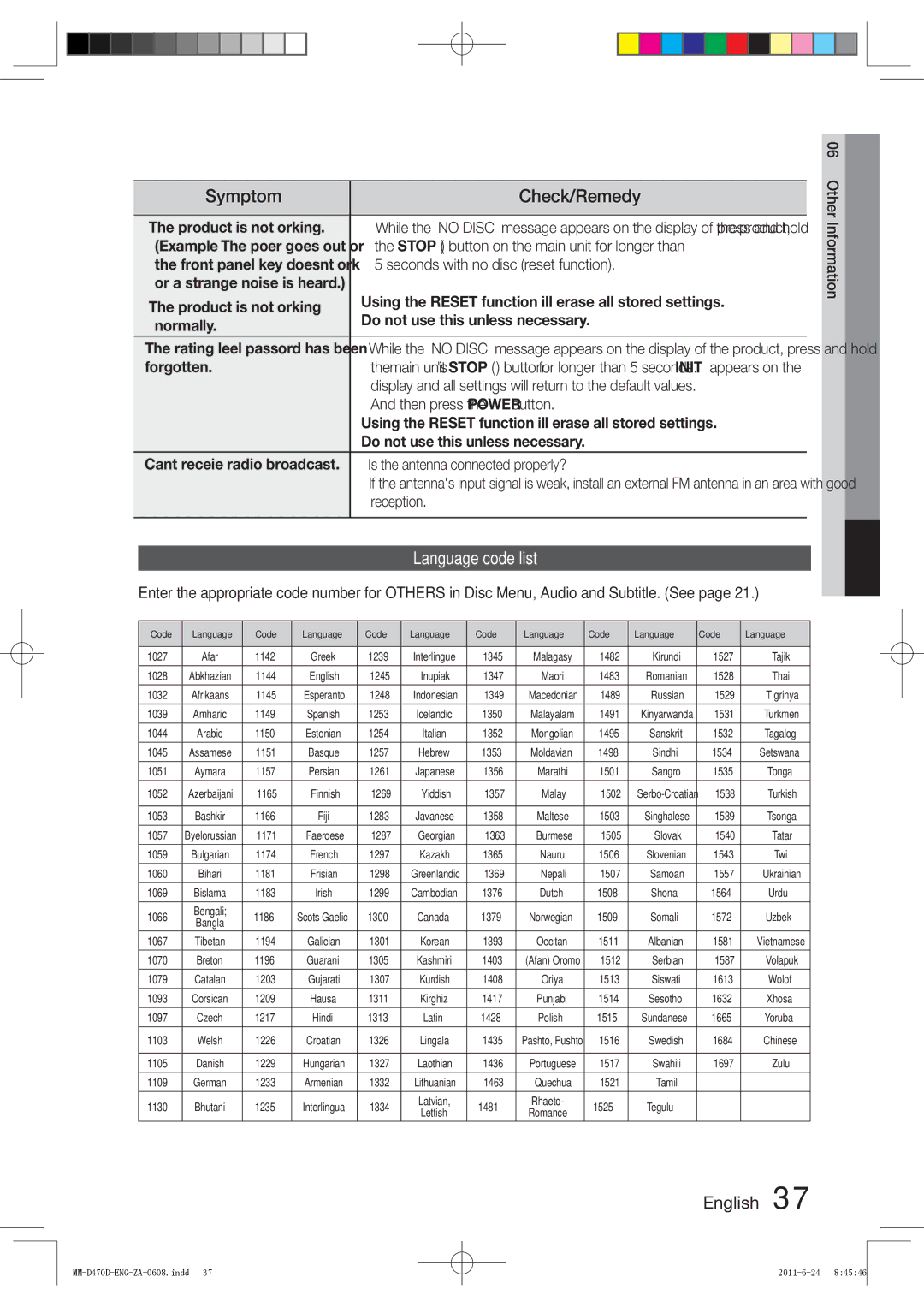 Samsung MM-D470D user manual Language code list 