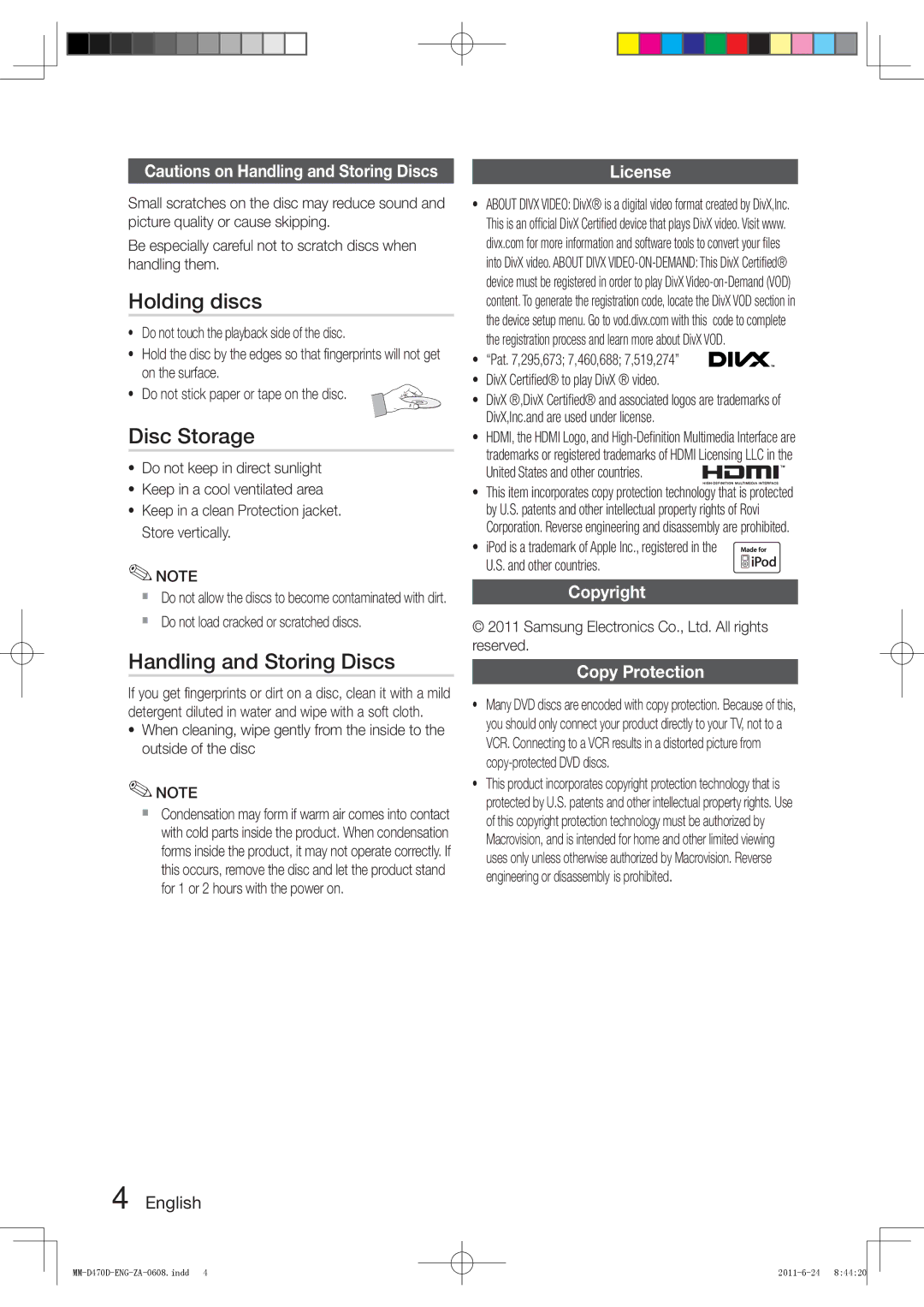 Samsung MM-D470D user manual Holding discs, Disc Storage, Handling and Storing Discs, License, Copyright Copy Protection 