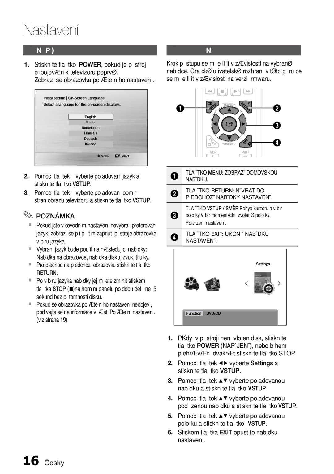 Samsung MM-D470D/EN, MM-D470D/ZF manual Nastavení, Než začnete Počáteční nastavení, Nabídka nastavení, 16 Česky, Return 