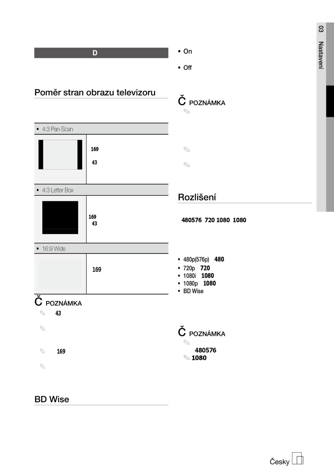 Samsung MM-D470D/ZF, MM-D470D/EN manual Poměr stran obrazu televizoru, BD Wise, Rozlišení, Displej 
