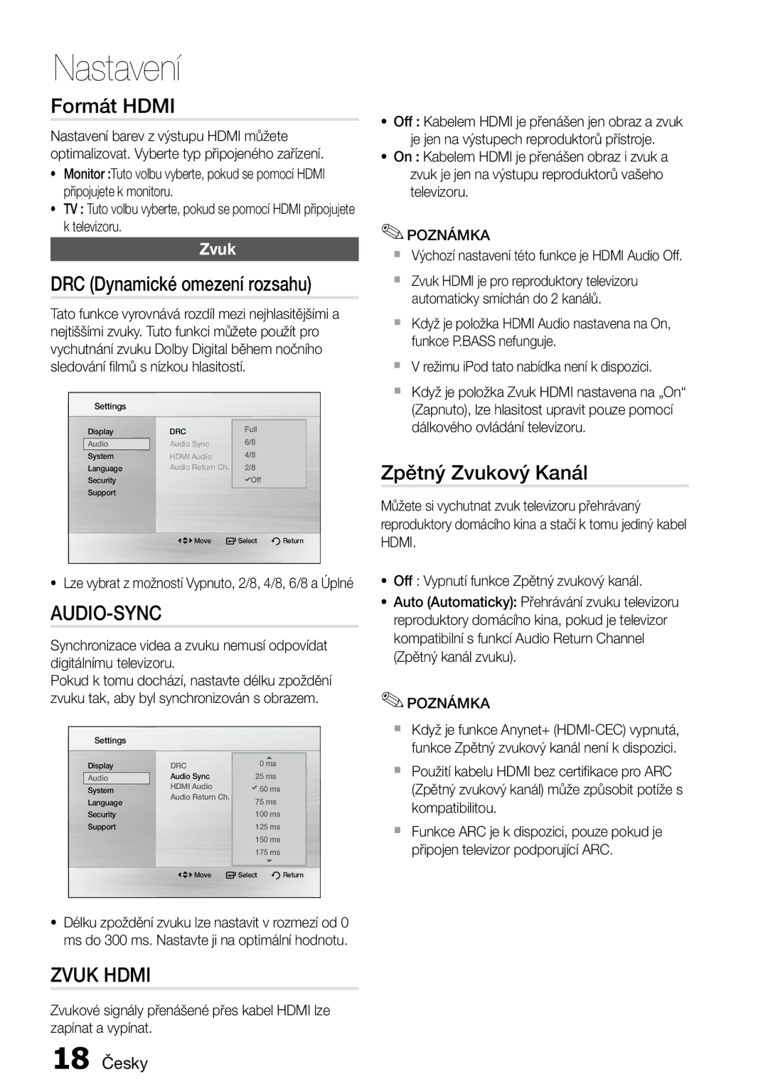 Samsung MM-D470D/EN, MM-D470D/ZF manual Formát Hdmi, DRC Dynamické omezení rozsahu, Zvuk Hdmi, Zpětný Zvukový Kanál 