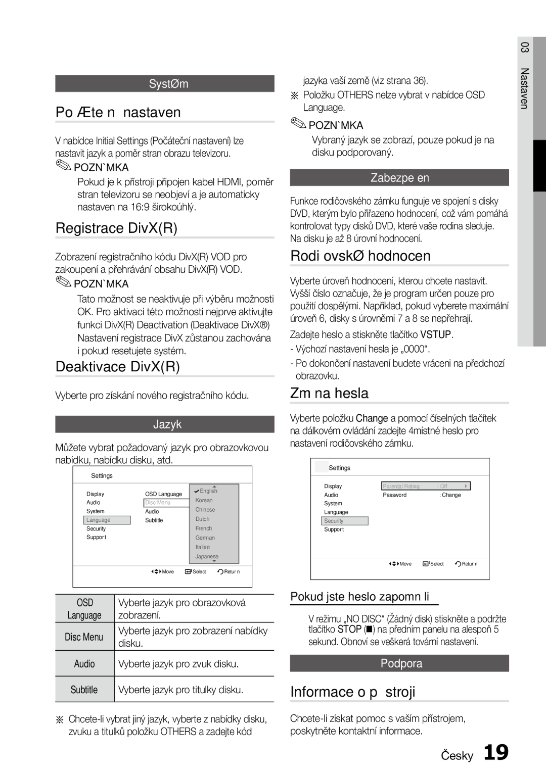 Samsung MM-D470D/ZF manual Počáteční nastavení, Registrace DivXR, Deaktivace DivXR, Rodičovské hodnocení, Změna hesla 