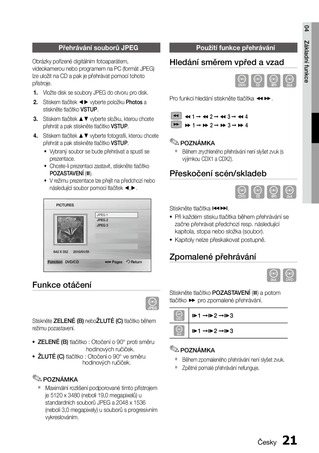 Samsung MM-D470D/ZF manual Funkce otáčení, Hledání směrem vpřed a vzad, Přeskočení scén/skladeb, Zpomalené přehrávání 