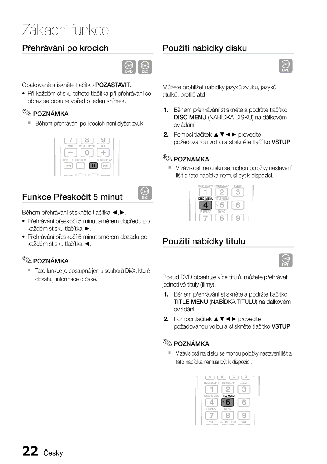 Samsung MM-D470D/EN manual Přehrávání po krocích, Použití nabídky disku, Funkce Přeskočit 5 minut D, Použití nabídky titulu 