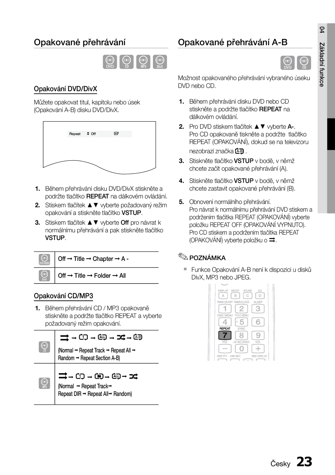 Samsung MM-D470D/ZF, MM-D470D/EN manual Opakované přehrávání A-B, Opakování DVD/DivX, Opakování CD/MP3 