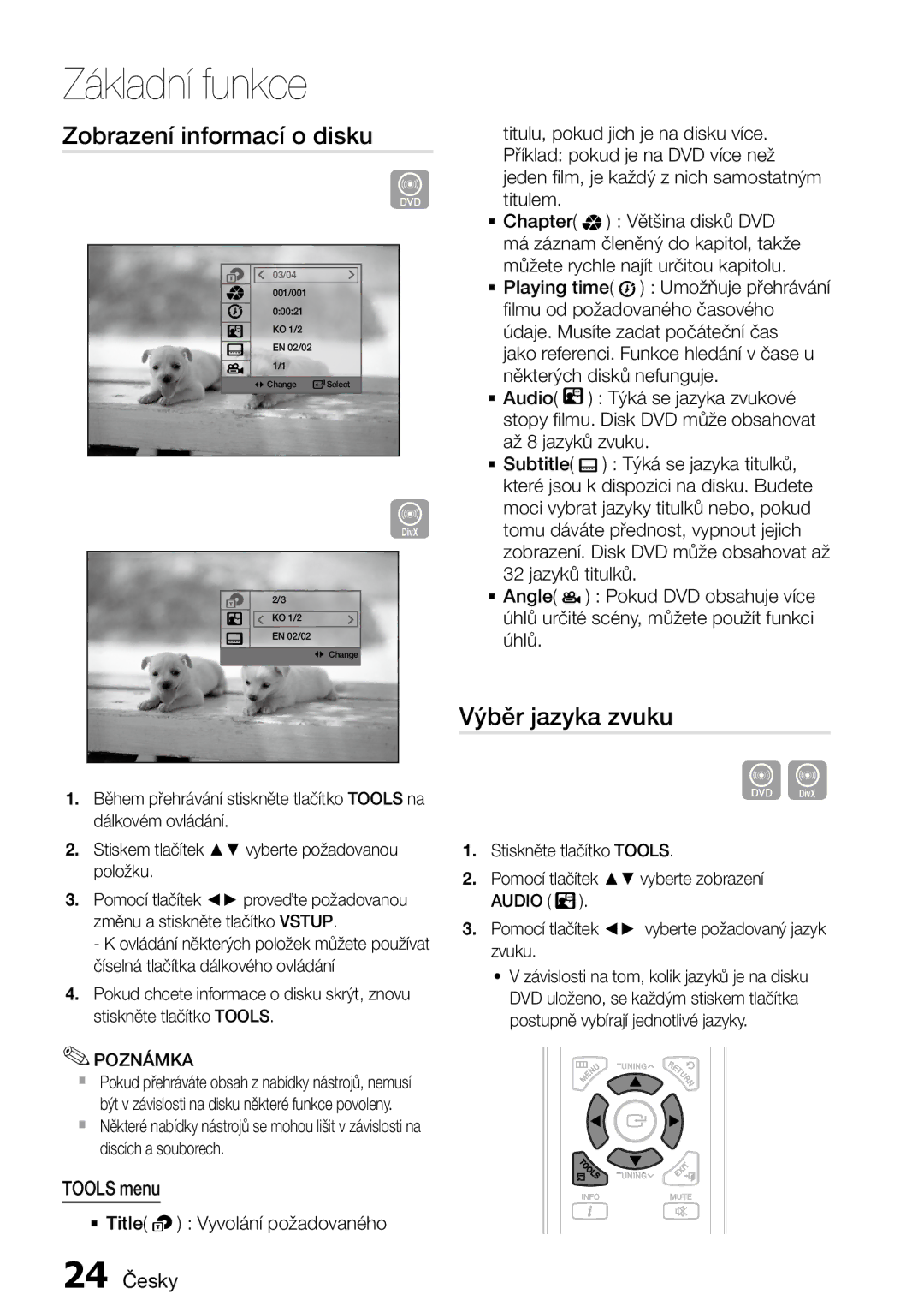 Samsung MM-D470D/EN, MM-D470D/ZF manual Zobrazení informací o disku, Výběr jazyka zvuku, Tools menu, 24 Česky 