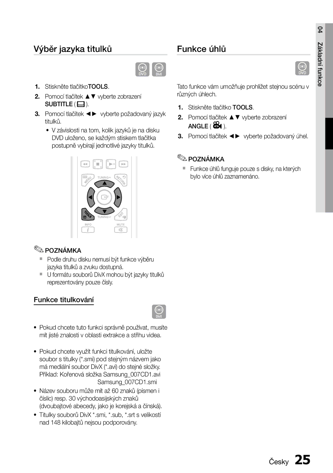 Samsung MM-D470D/ZF, MM-D470D/EN manual Výběr jazyka titulků, Funkce úhlů, Funkce titulkování, Subtitle 