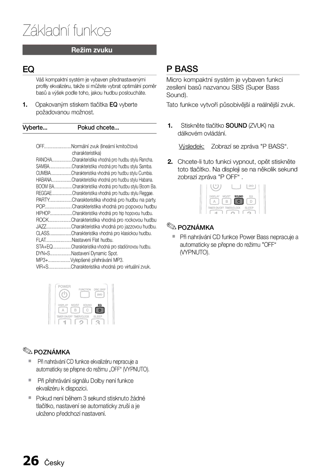 Samsung MM-D470D/EN, MM-D470D/ZF manual Režim zvuku, 26 Česky 