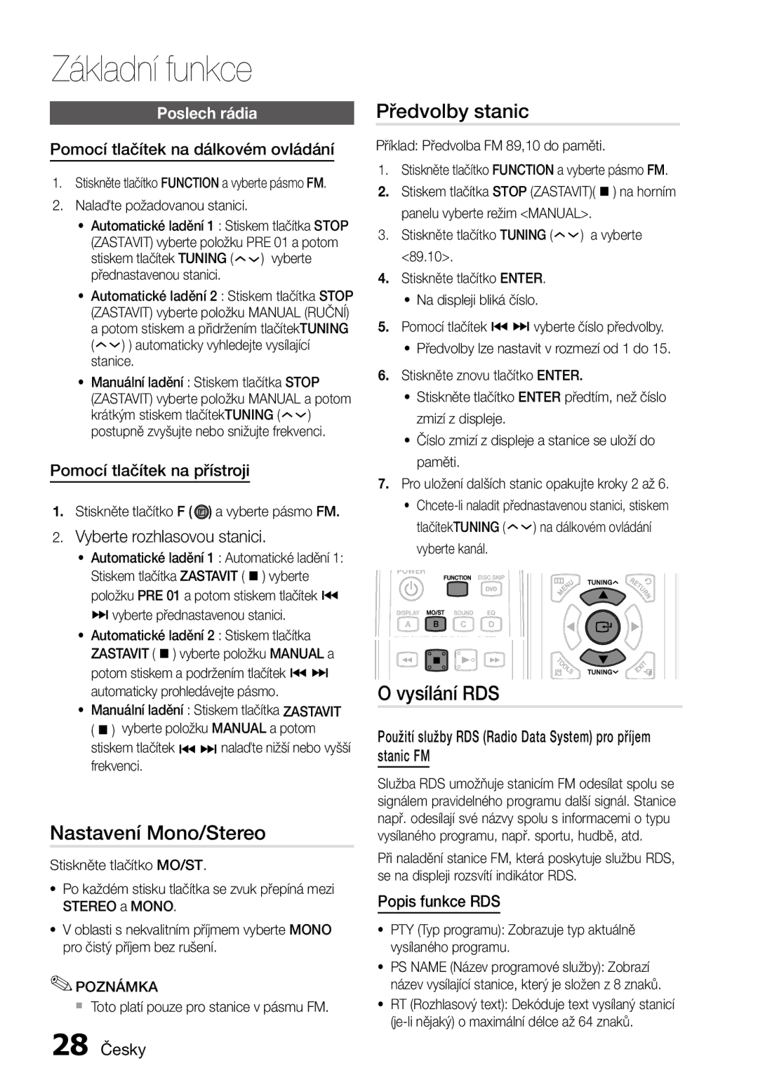 Samsung MM-D470D/EN Nastavení Mono/Stereo, Předvolby stanic, Vysílání RDS, Vyberte rozhlasovou stanici, Poslech rádia 