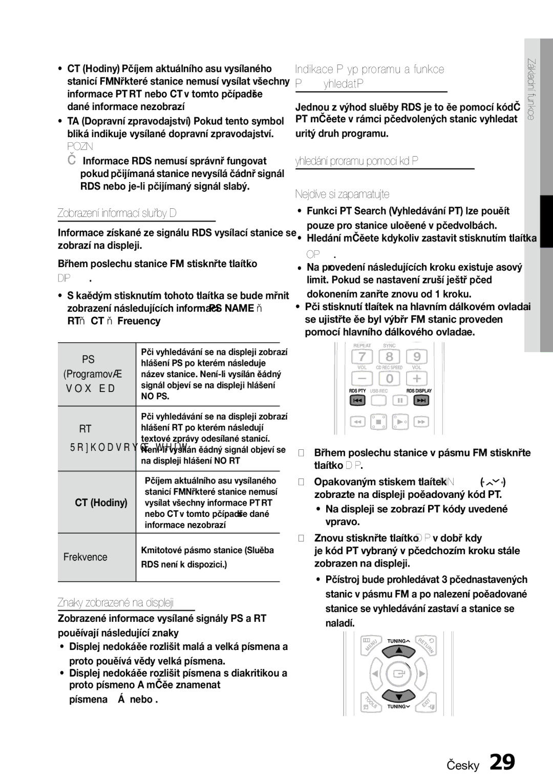 Samsung MM-D470D/ZF, MM-D470D/EN manual Zobrazení informací služby RDS, Znaky zobrazené na displeji 