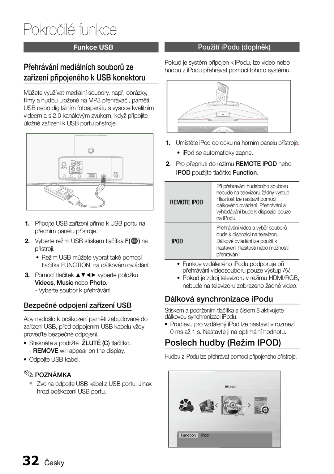 Samsung MM-D470D/EN, MM-D470D/ZF manual Pokročilé funkce, Poslech hudby Režim Ipod, Dálková synchronizace iPodu, Funkce USB 