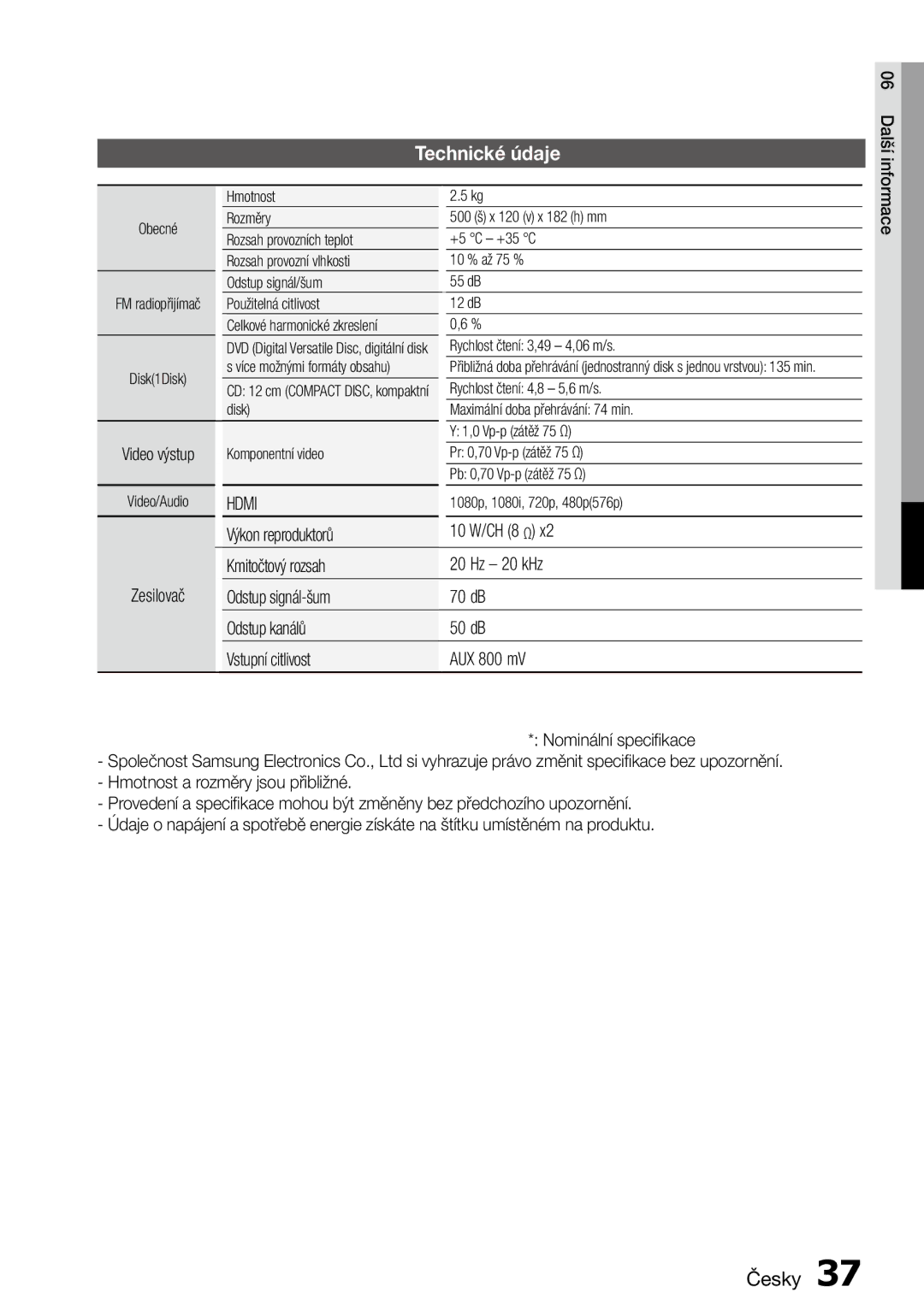 Samsung MM-D470D/ZF, MM-D470D/EN manual Technické údaje, Hdmi, Výkon reproduktorů 10 W/CH 8 Ω Kmitočtový rozsah Hz 20 kHz 