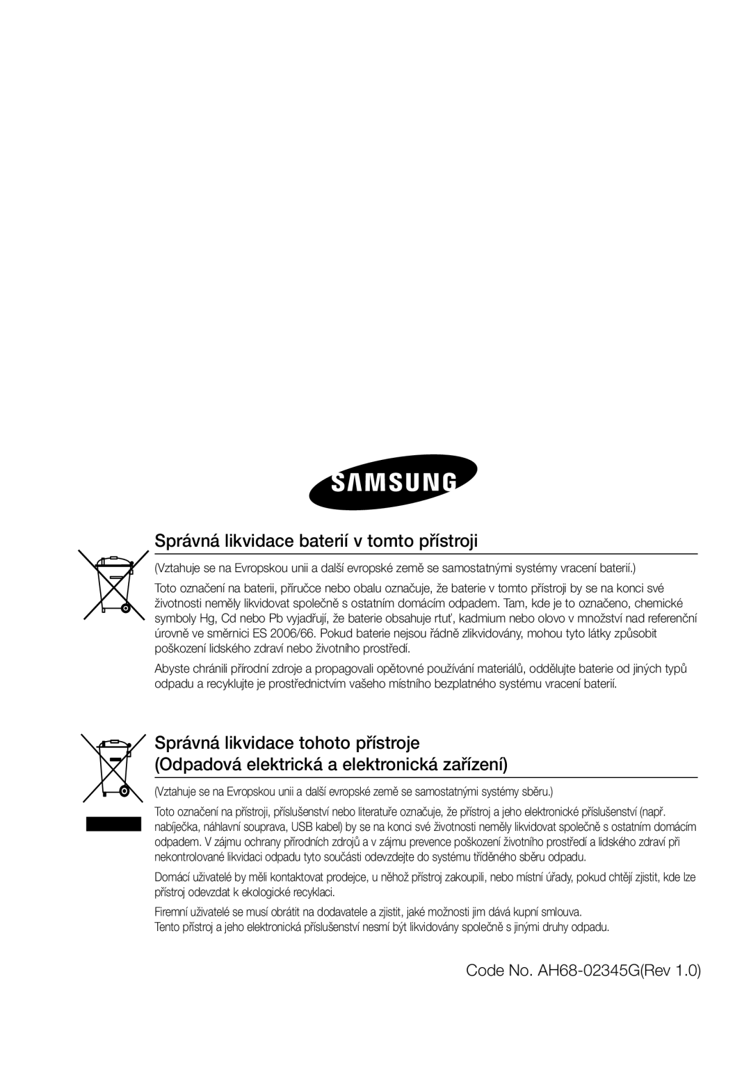 Samsung MM-D470D/ZF, MM-D470D/EN manual Správná likvidace baterií v tomto přístroji, Code No. AH68-02345GRev 