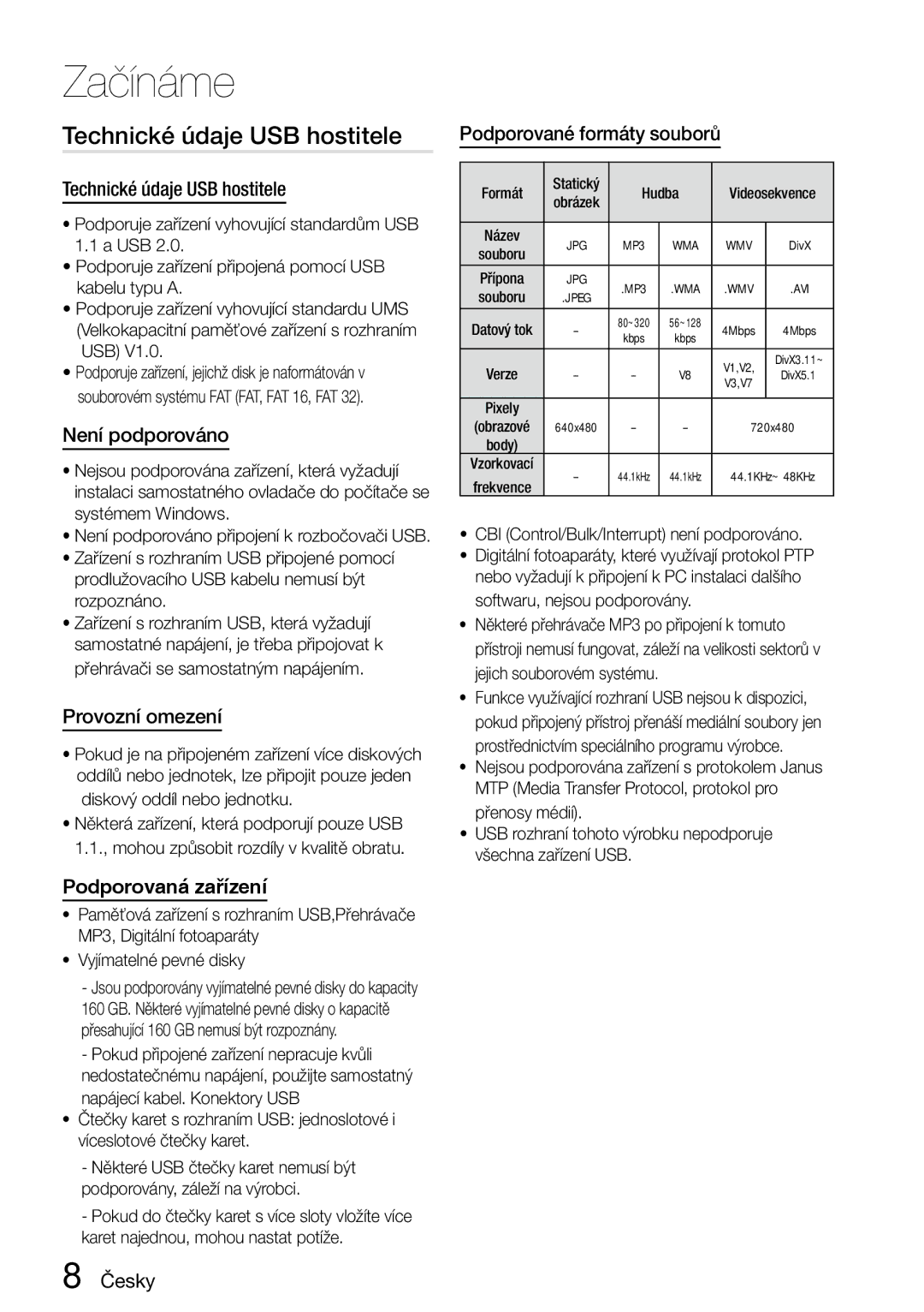 Samsung MM-D470D/EN manual Technické údaje USB hostitele, Není podporováno, Provozní omezení, Podporované formáty souborů 