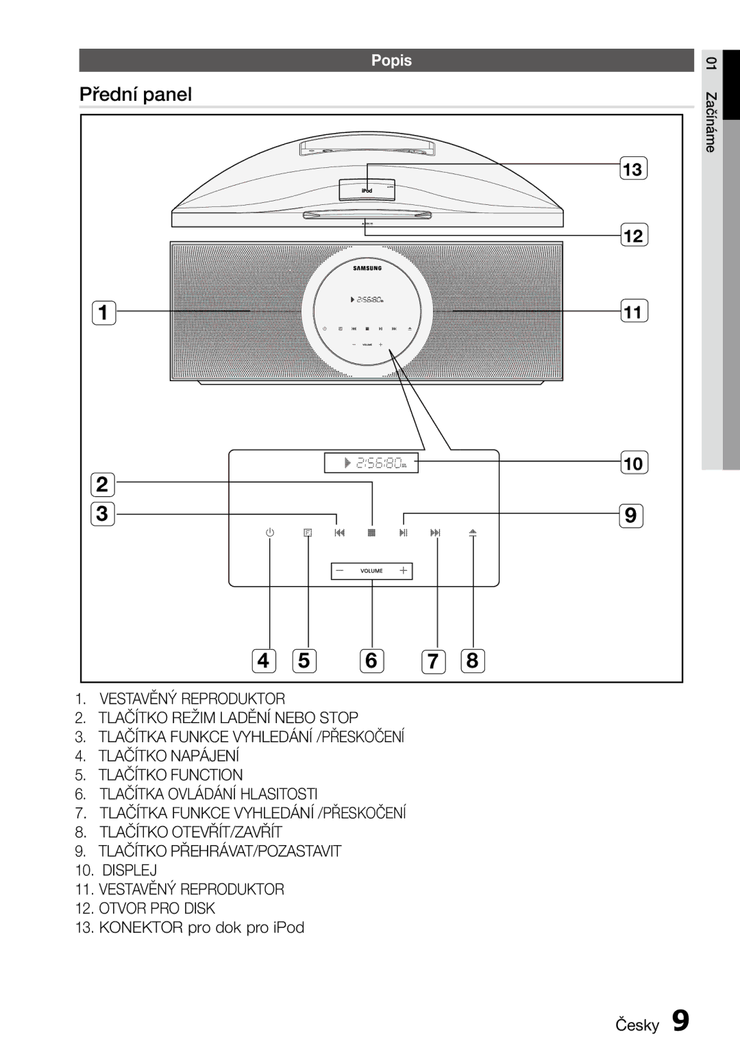 Samsung MM-D470D/ZF, MM-D470D/EN manual Přední panel, Popis, Konektor pro dok pro iPod Česky 