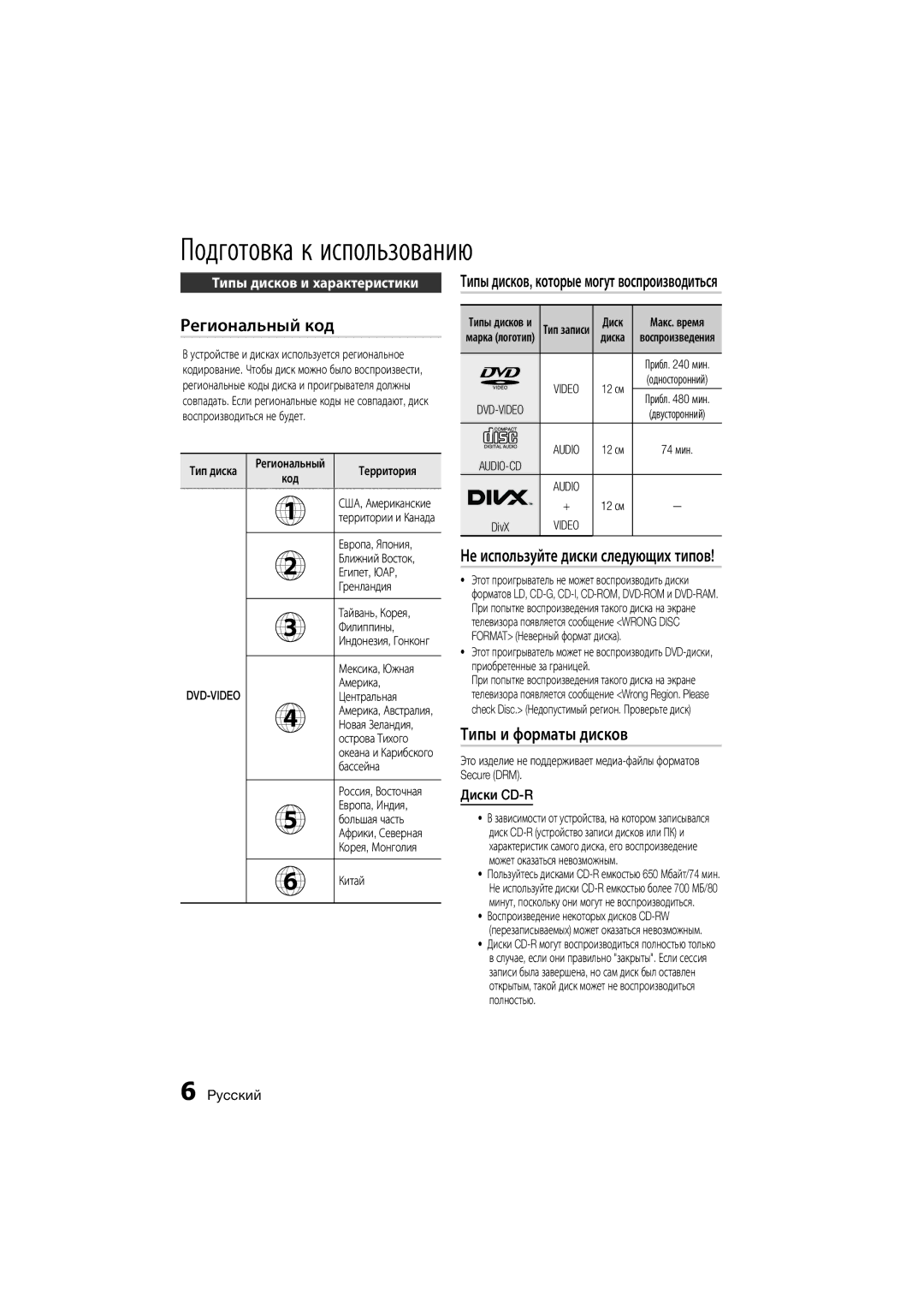 Samsung MM-D470D/RU manual Региональный код, Типы и форматы дисков, Типы дисков и характеристики, Диски CD-R 