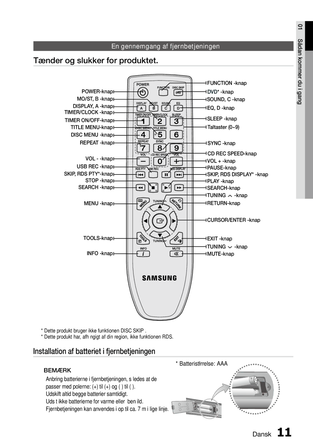 Samsung MM-D470D/XE Tænder og slukker for produktet, Installation af batteriet i fjernbetjeningen, Batteristørrelse AAA 