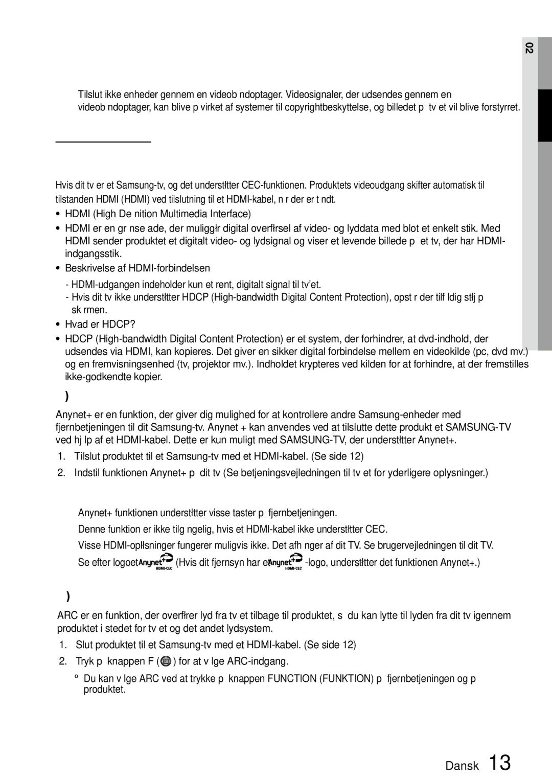 Samsung MM-D470D/XE manual HDMI-autodetekteringsfunktion, Brug af Anynet+ HDMI-CEC, Brug af ARC audioreturkanal, Forsigtig 