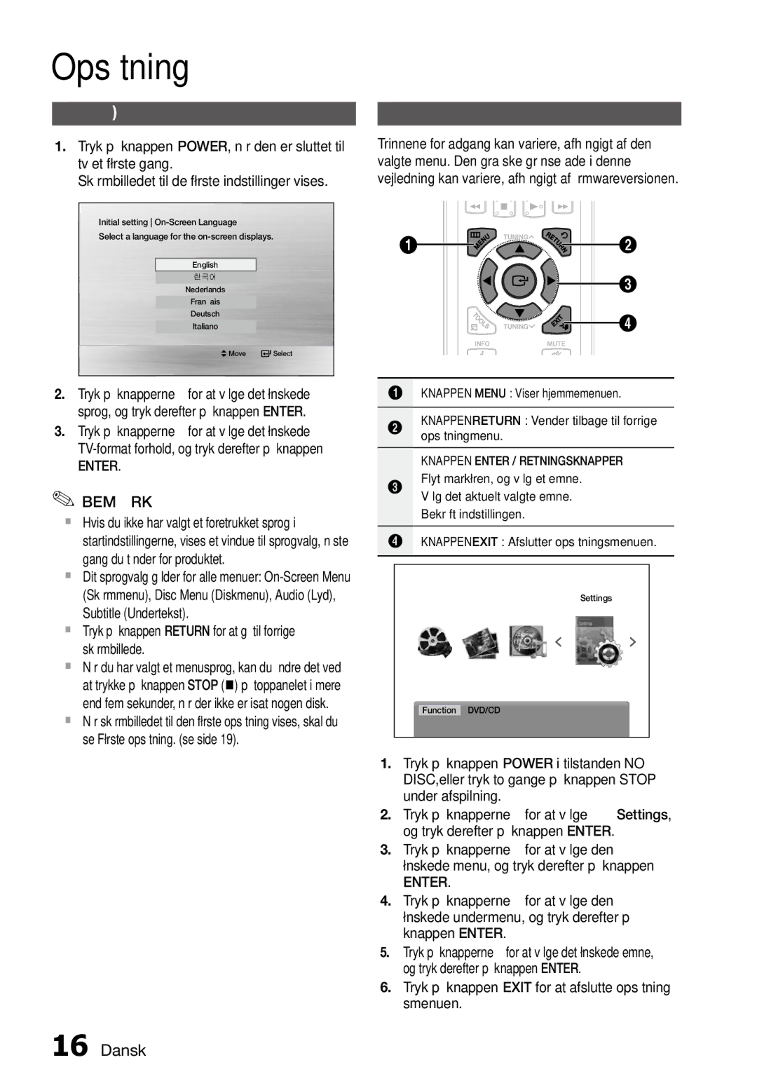 Samsung MM-D470D/XE manual Opsætning, Inden start første opsætning, Indstilling af opsætningsmenuen, Enter Bemærk 