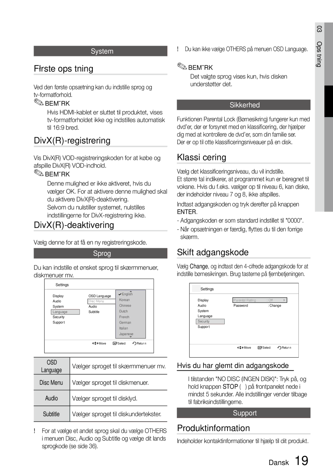 Samsung MM-D470D/XE manual Første opsætning, DivXR-registrering, Klassificering, Skift adgangskode, Produktinformation 