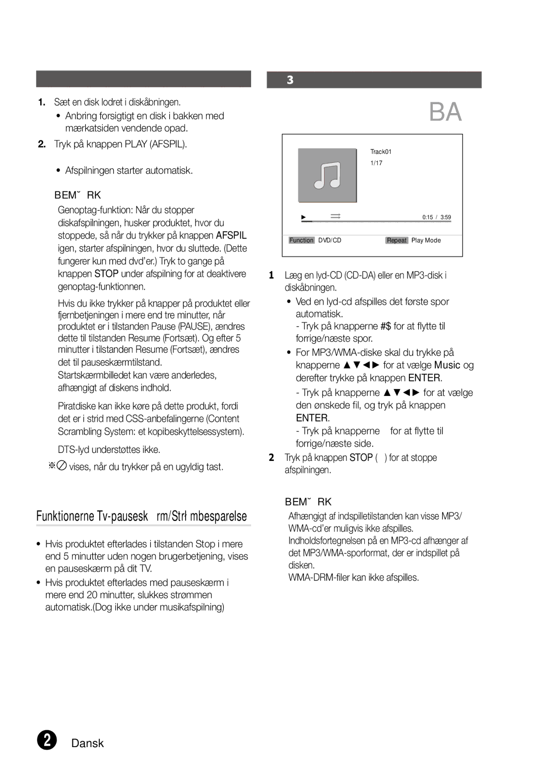 Samsung MM-D470D/XE Grundlæggende funktioner, Diskafspilning, Lydafspilning CD CD-DA/MP3/WMA, Det til pauseskærmtilstand 