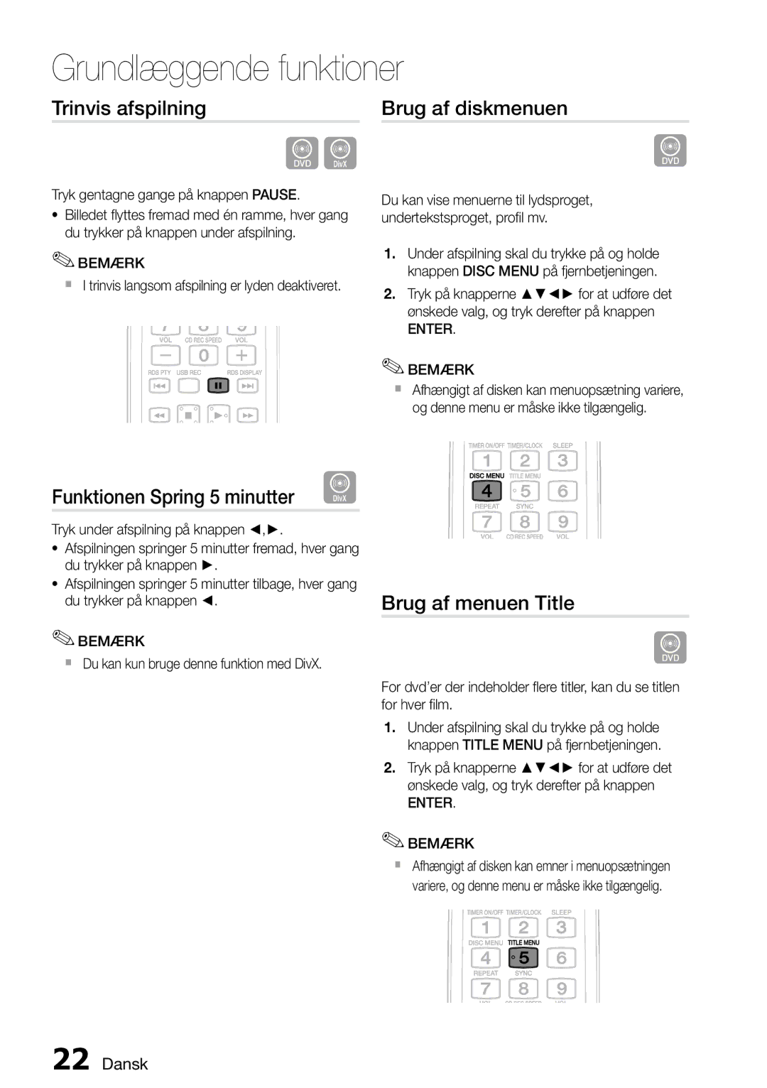 Samsung MM-D470D/XE manual Trinvis afspilning, Brug af diskmenuen, Funktionen Spring 5 minutter D, Brug af menuen Title 