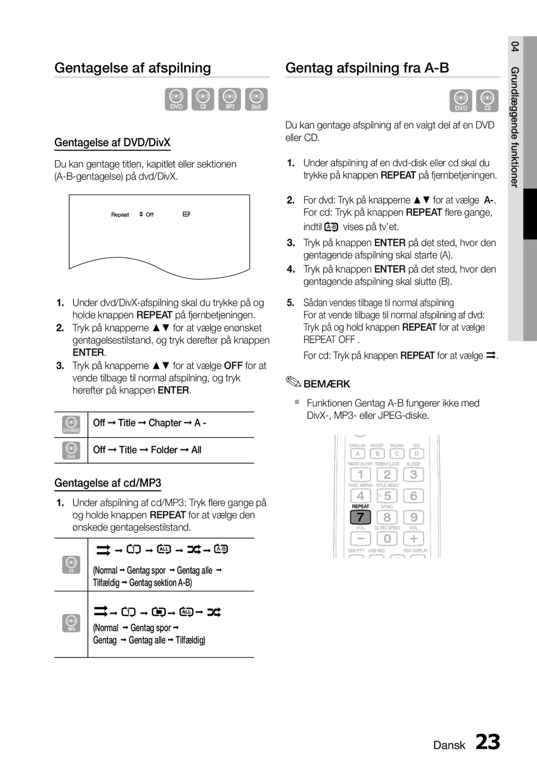 Samsung MM-D470D/XE Gentagelse af afspilning, Gentag afspilning fra A-B, Gentagelse af DVD/DivX, Gentagelse af cd/MP3 