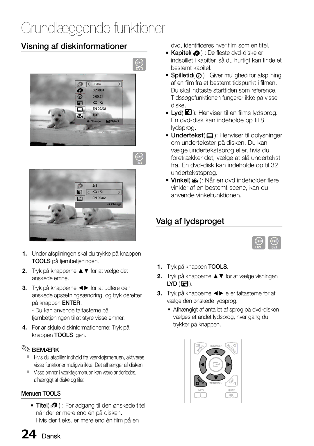 Samsung MM-D470D/XE manual Visning af diskinformationer, Valg af lydsproget, Menuen Tools, Lyd 