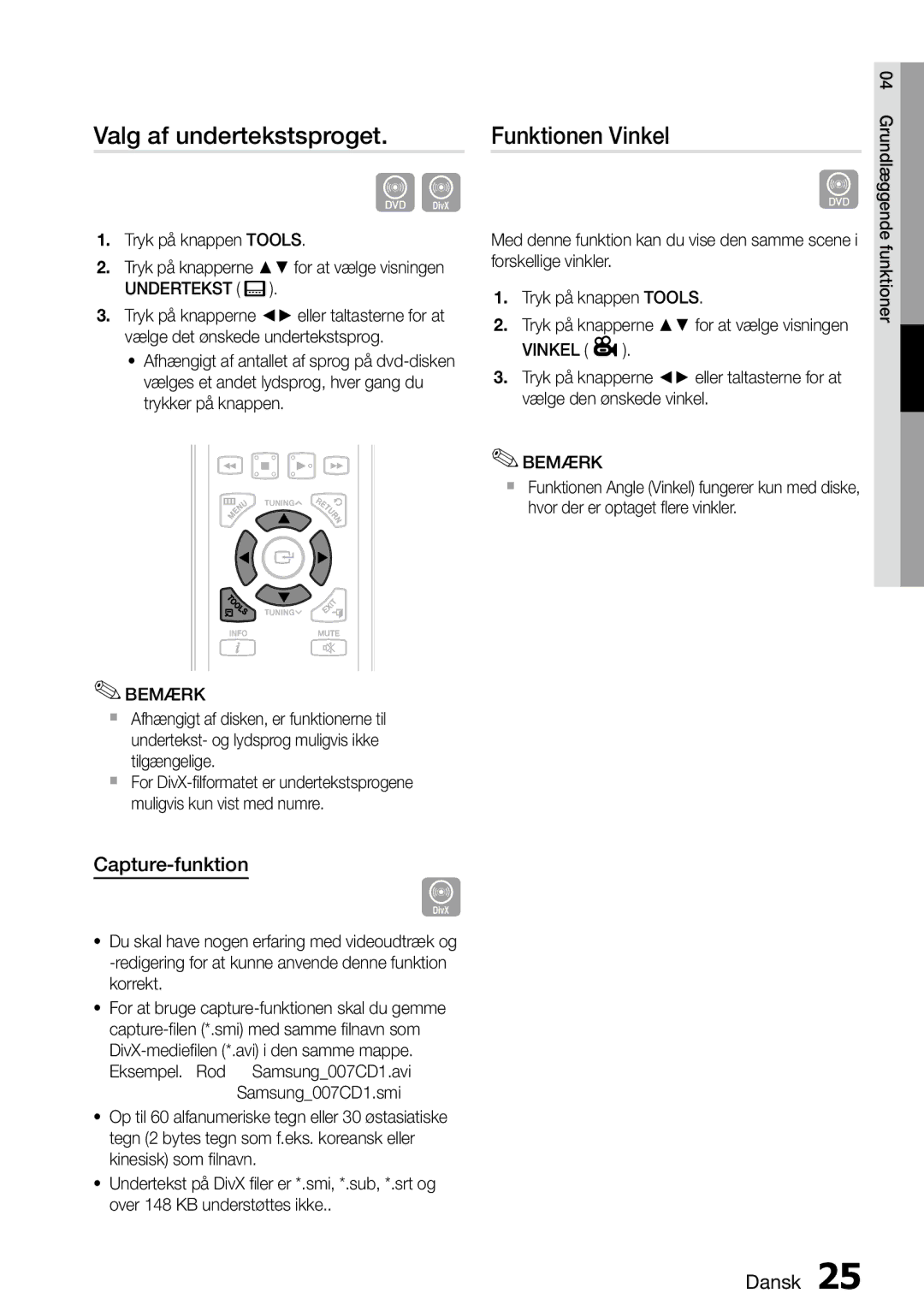 Samsung MM-D470D/XE manual Valg af undertekstsproget, Funktionen Vinkel, Capture-funktion 