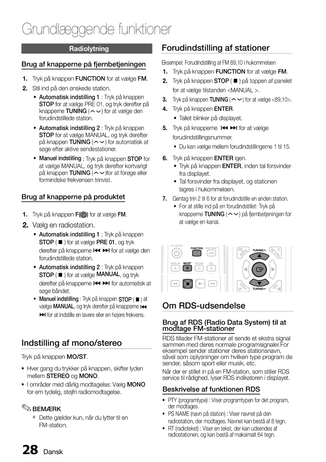 Samsung MM-D470D/XE manual Indstilling af mono/stereo, Om RDS-udsendelse, Radiolytning 