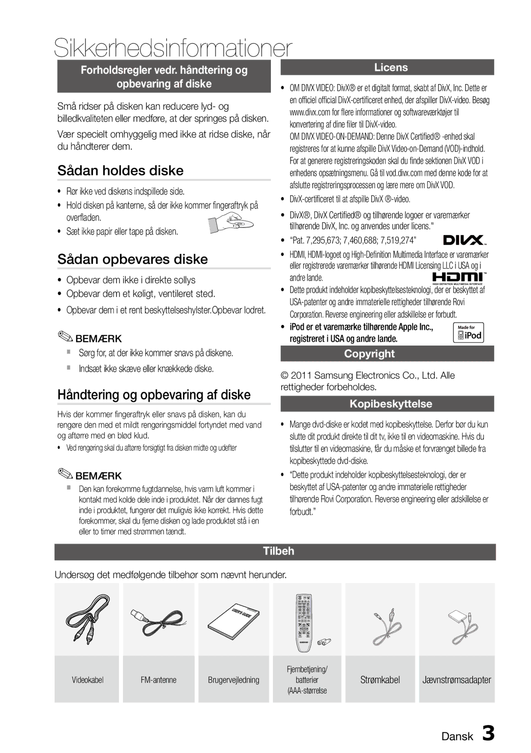 Samsung MM-D470D/XE manual Sådan holdes diske, Sådan opbevares diske, Håndtering og opbevaring af diske 