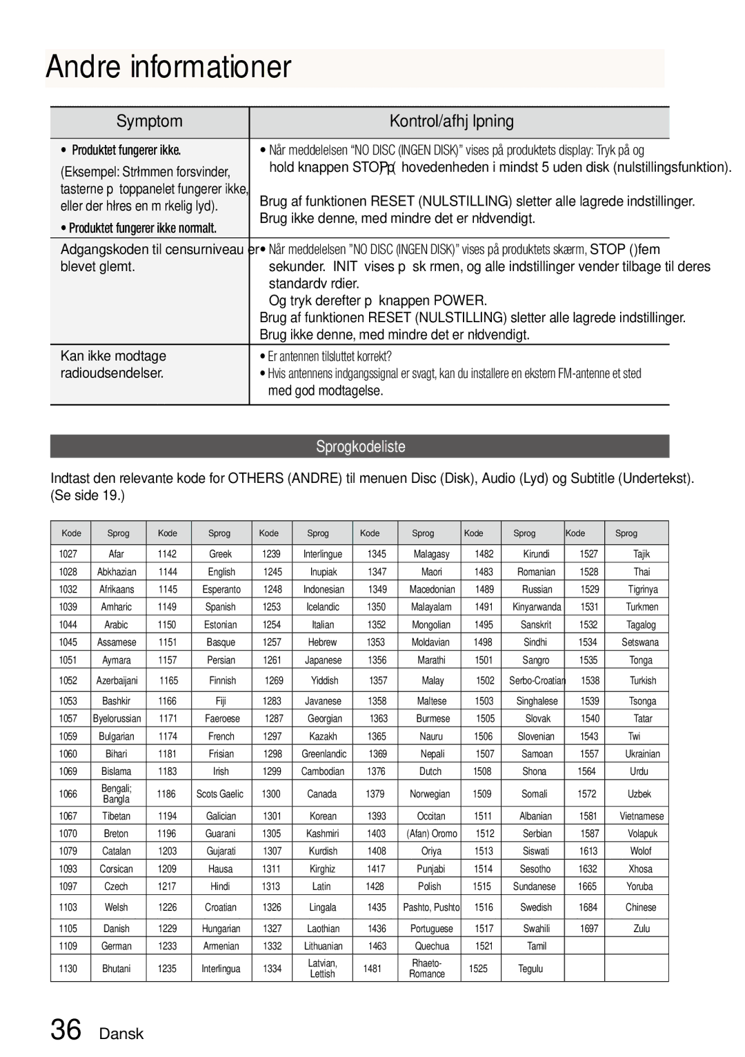 Samsung MM-D470D/XE manual Err, Other Information, Sprogkodeliste 