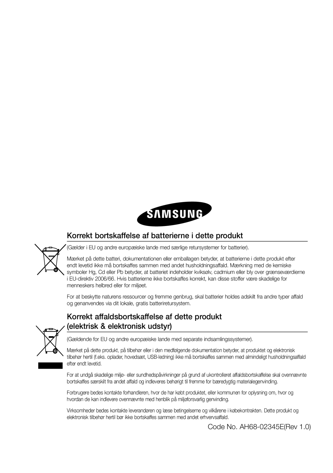 Samsung MM-D470D/XE manual Korrekt bortskaffelse af batterierne i dette produkt, Code No. AH68-02345ERev 