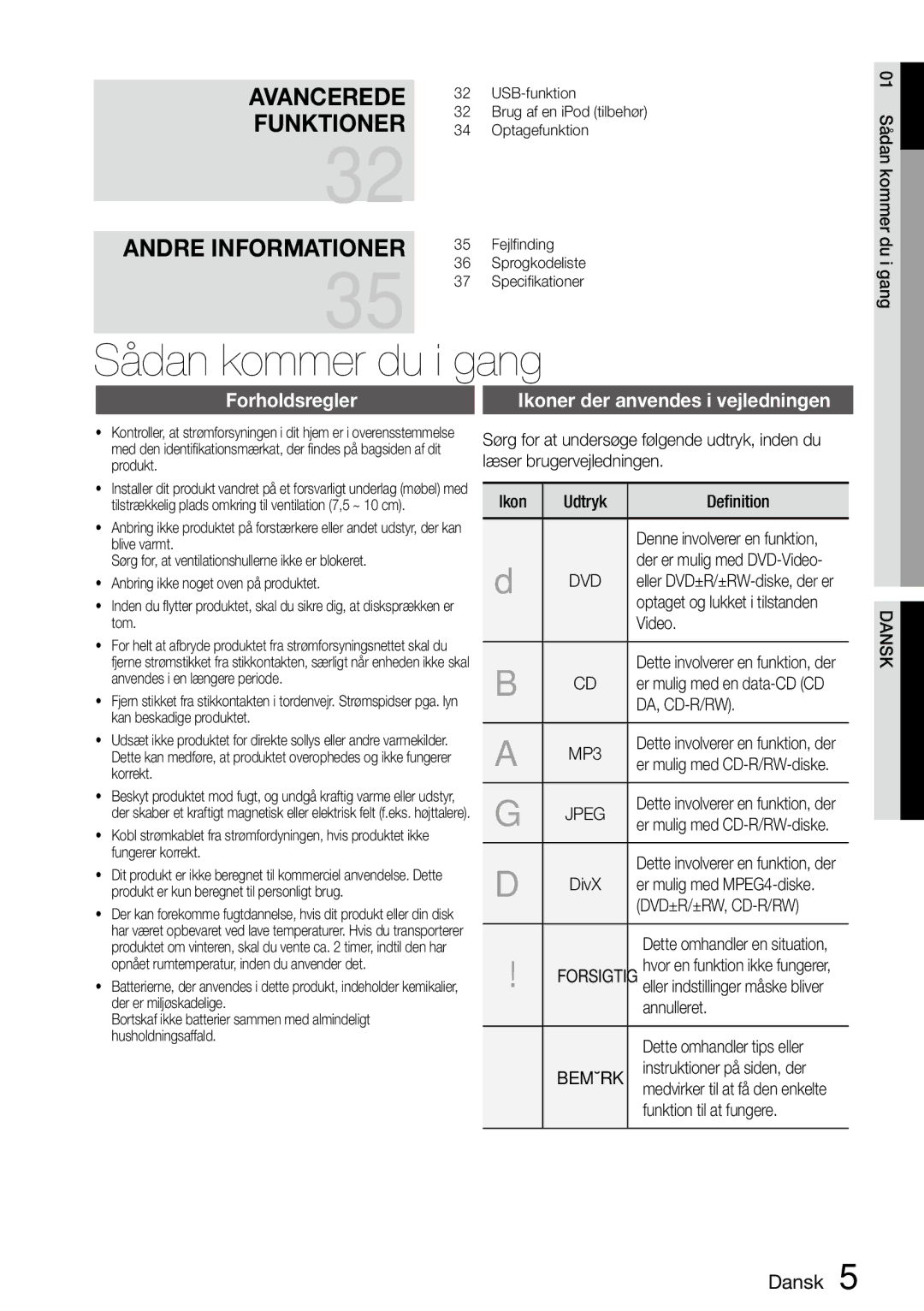 Samsung MM-D470D/XE manual Sådan kommer du i gang, Forholdsregler, Ikoner der anvendes i vejledningen 